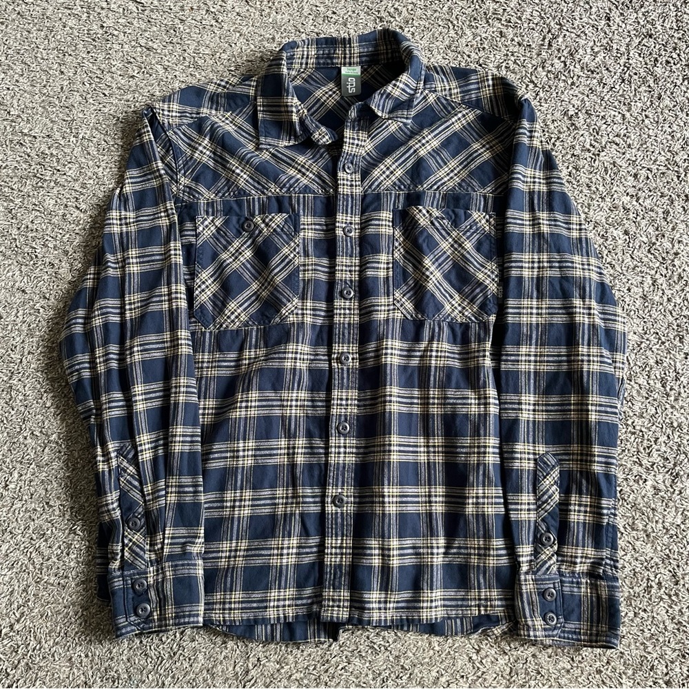 Stio Men's Button Down Flannel Plaid Blue Yellow Pockets Outdoors Long Sleeve